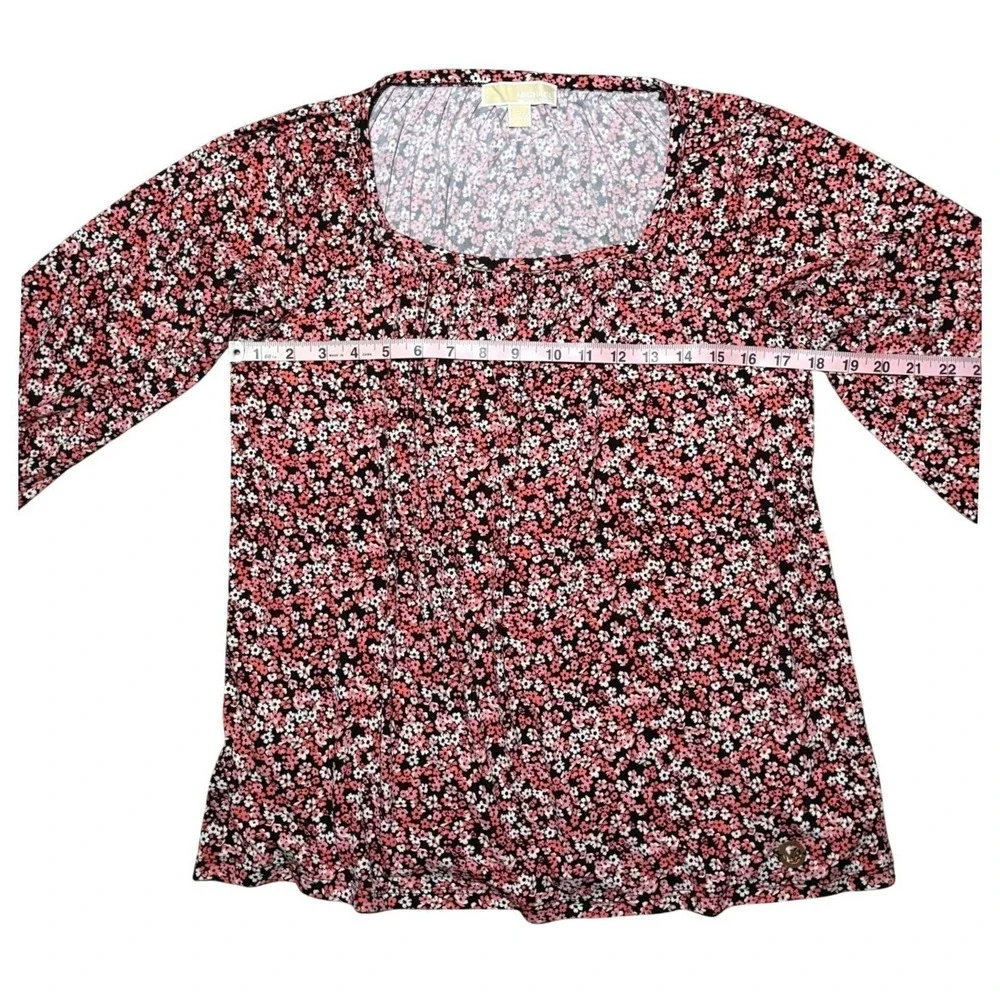 Michael Kors Boho Womens Floral Print 3/4 Sleeve Scoop Neck Smocked Top Blouse M